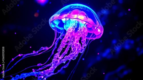 A surreal jellyfish pulsating with rainbow neon light