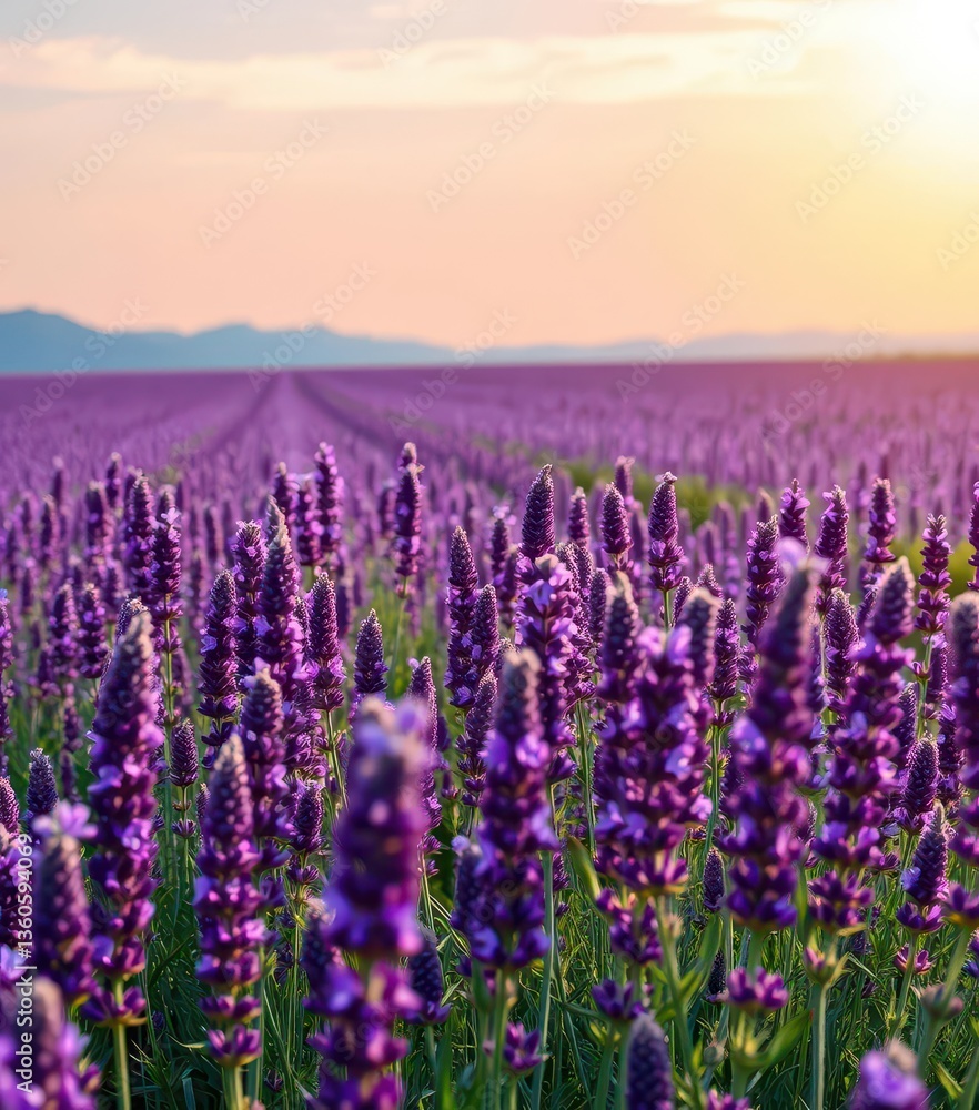 Naklejka premium Vast field of purple lavender flowers under a bright sky, photography, rural