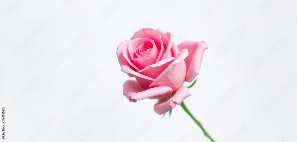A single, delicate pink rose, petals softly unfurled, isolated on white, isolated, pastel, Valentine's Day A single, delicate pink rose, petals softly unfurled, isolated on white, isolated, pastel, Valentine's Day