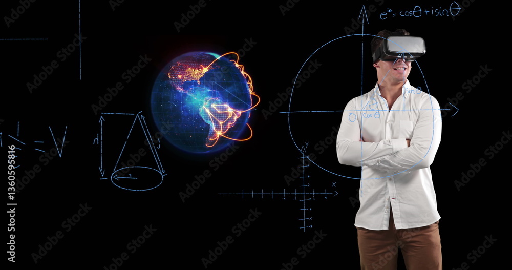 Man using VR headset exploring virtual math concepts, smiling confidently Man using VR headset exploring virtual math concepts, smiling confidently