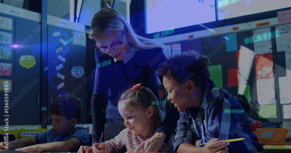 Fototapeta premium Image of lights and data moving over female teacher teaching children a lesson in an elementary scho