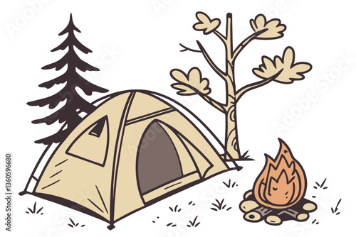 Cozy Campground with Tent and Campfire Vector Art for Outdoor Adventure