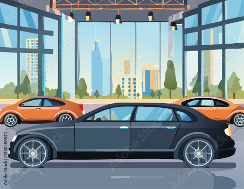 A sleek black car, which is currently parked in front of an impressively large window, is showcasing its elegant design and remarkable sophistication in style