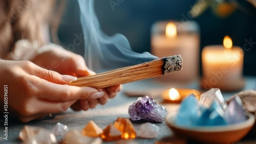 Woman's hands holding a smoldering stick of palo santo, surrounded by crystals and candles.