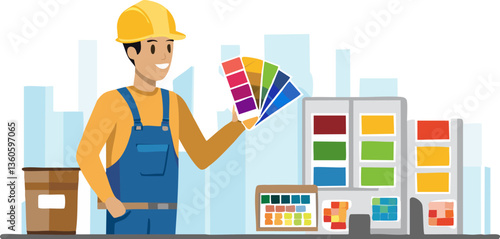 A detailed pixel art illustration showcasing a hardworking construction worker who is holding a vibrant palette of paint, ready for his task