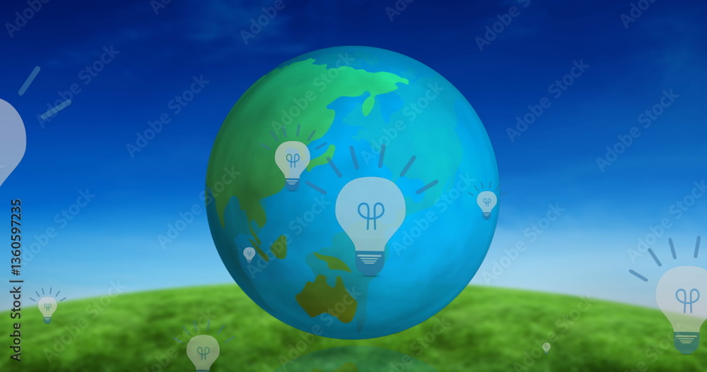Naklejka premium Image of light bulbs and globe spinning over landscape