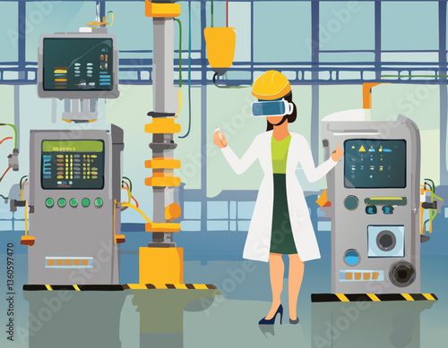 This is a pixel art illustration depicting a woman who is wearing a virtual reality headset while she is situated inside a factory environment