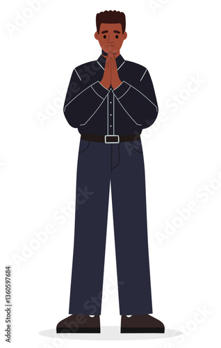 African american man in business clothes pray with his hands folded in a gesture of apology. Apologize or say sorry, regret for what happen asking for forgiveness concept. Flat vector illustration