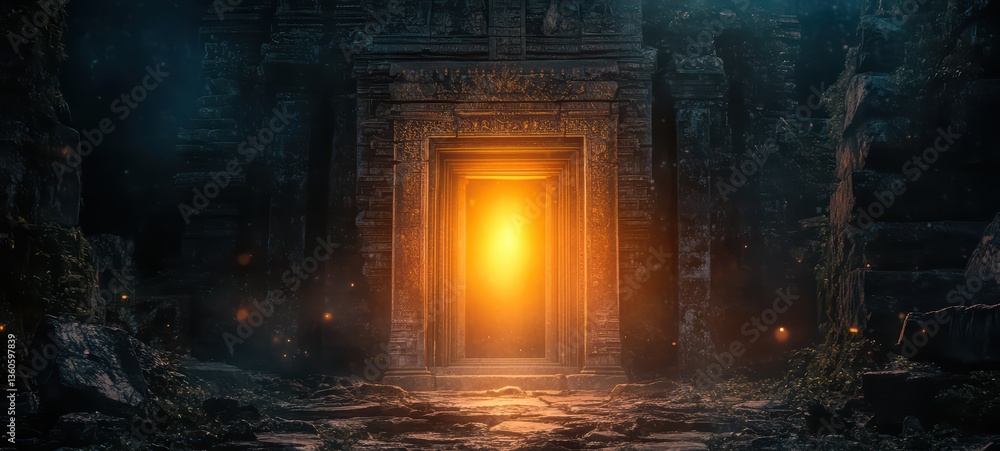 Fototapeta premium A glowing light emanating from an ancient temple entrance crisp edges