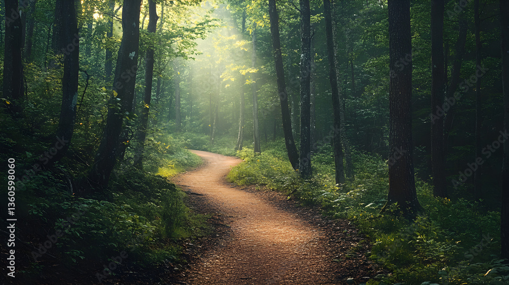 A winding trail leads through a dense forest, where the soft light filtering through the trees creates a peaceful and inviting path into the heart of nature A winding trail leads through a dense forest, where the soft light filtering through the trees creates a peaceful and inviting path into the heart of nature
