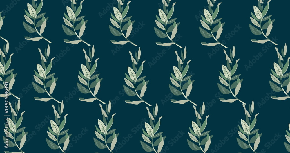 Naklejka premium Image of multiple green leaves moving over dark green background