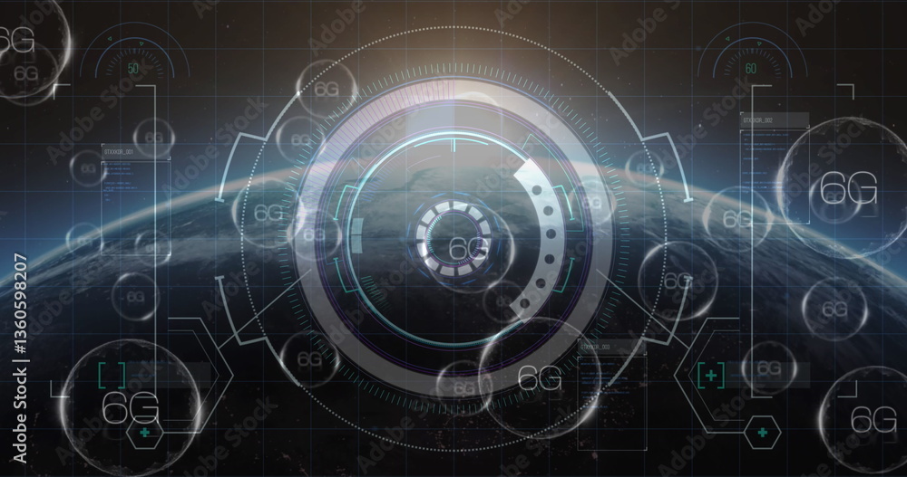Image of 6g text, scopes scanning and data processing over digital screen Image of 6g text, scopes scanning and data processing over digital screen