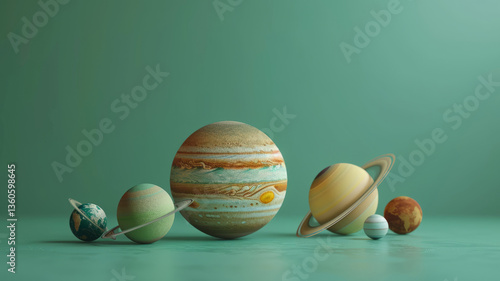 Obraz na płótnie Realistic and detailed model of the planets of the Solar system on a green background w salonie