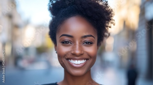 Beautiful Happy Woman Portrait Smiling Outdoors Natural Light Bright Skin Tone Afro Hair Style Cheerful Expression Positive Mood Urban Background City