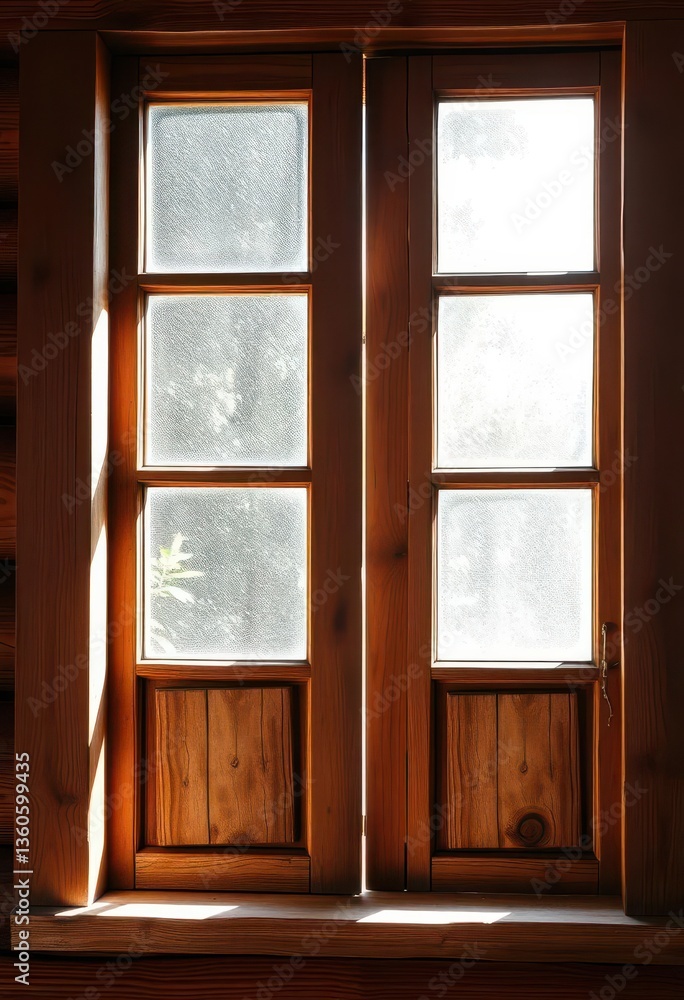 Fototapeta premium Rustic wooden sliding window, sunlit, detail of frame and glass, hardware, wooden window frame, vintage
