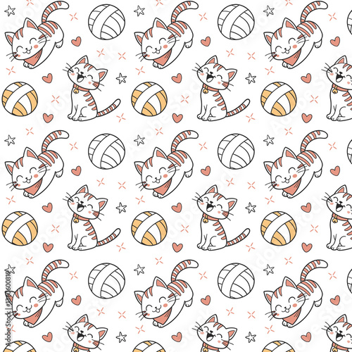 Adorable Seamless Cat Pattern with Wool Thread Skeins  Cute Art Print Design