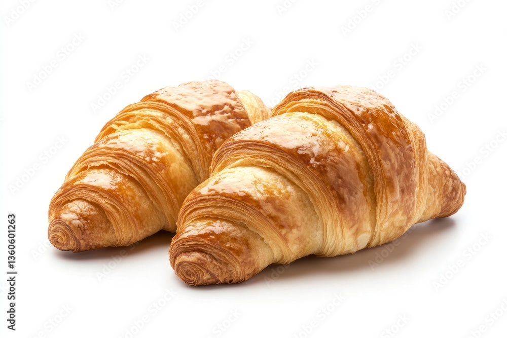 Two Fresh Croissants Isolated on White Background Close-up Delicious Snack Two Fresh Croissants Isolated on White Background Close-up Delicious Snack