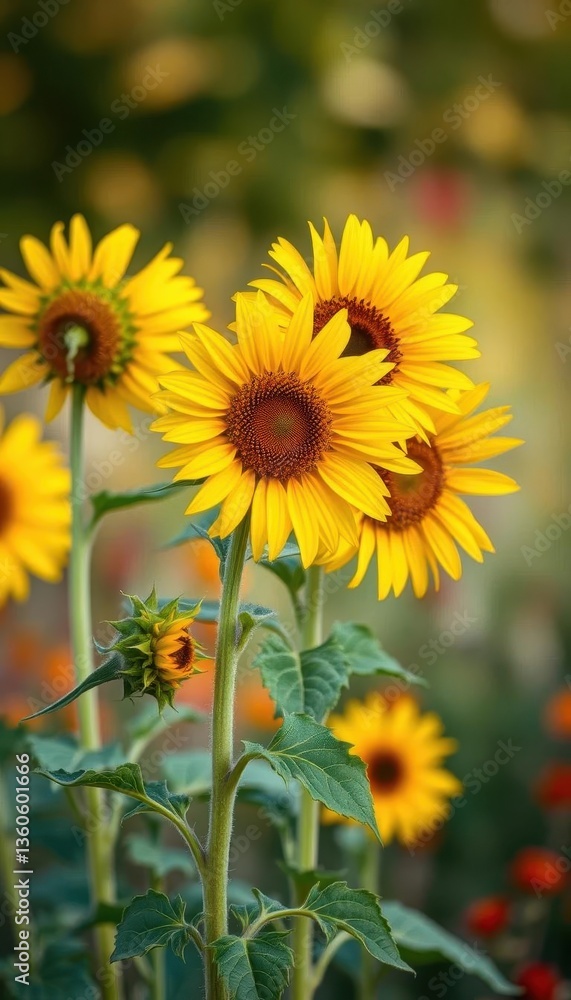 Fototapeta premium Vibrant yellow wild sunflowers in full bloom, blurred background , sunflowers, image