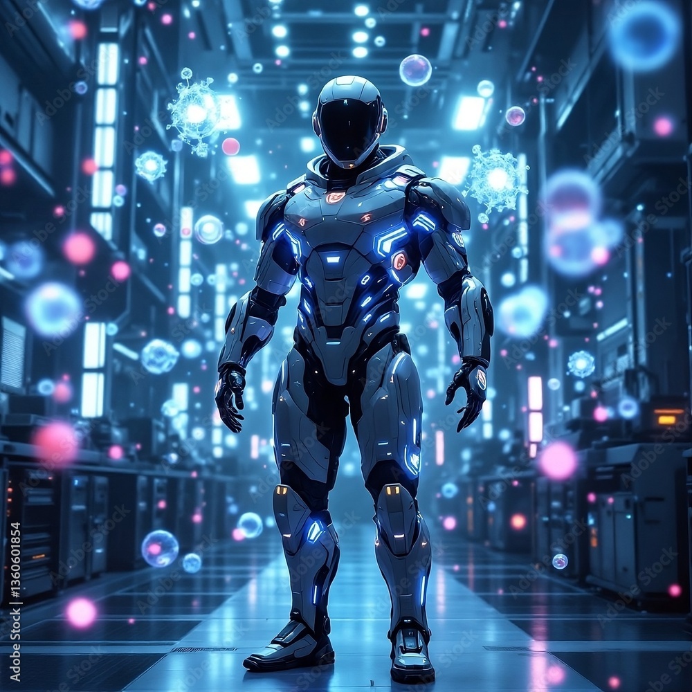 Cyberpunk Scientist in Sleek Exosuit with Biometric Displays Controlling Quantum Molecules – Neon-Lit Biotech Lab in Ultra-Realistic Sci-Fi Style


