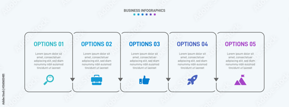 Horizontal progress bar featuring 5 arrow-shaped elements, symbolizing the five stages of business strategy and progression. Clean timeline infographic design template. Vector for presentation Horizontal progress bar featuring 5 arrow-shaped elements, symbolizing the five stages of business strategy and progression. Clean timeline infographic design template. Vector for presentation