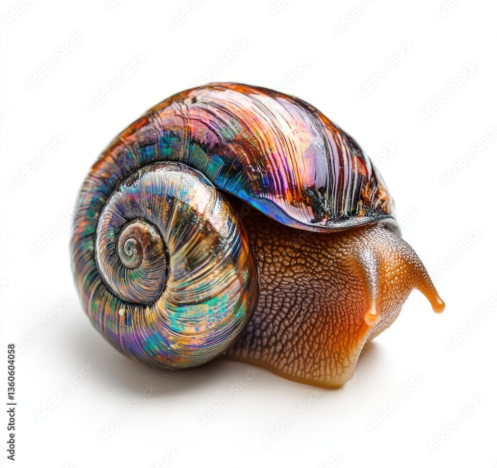 Fototapeta premium Close Up of Snail with Iridescent Shell on White Background