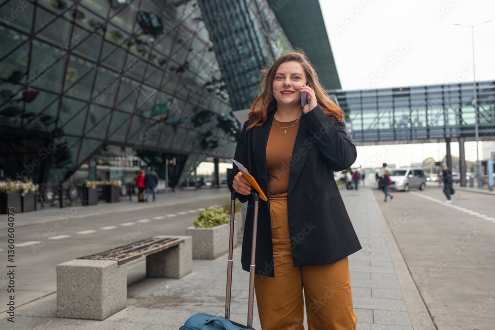Traveler business woman with suitcase calling mobile phone waiting yellow taxi on road in city street. Beautiful female smiling using smartphone application hailing with hand up calling cab outdoor
