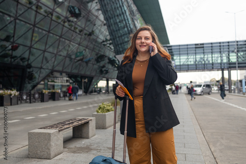 Obraz na płótnie Traveler business woman with suitcase calling mobile phone waiting yellow taxi on road in city street. Beautiful female smiling using smartphone application hailing with hand up calling cab outdoor w salonie