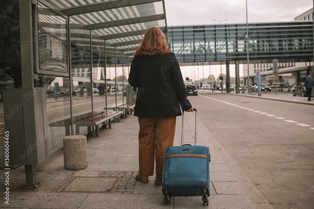 Back view of traveler businesswoman with suitcase calling mobile phone waiting taxi on road in city street. Charming girl moves near airport with luggage.