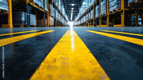 view down an industrial warehouse aisle marked by bright yellow stripes on the polished concrete floor