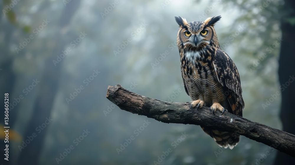 Obraz premium majestic eurasian eagle-owl perched on a branch surveys its misty habitat with piercing yellow eyes