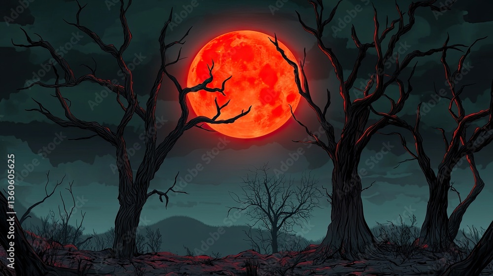 Sinister blood moon rising behind dark, ominous trees, creating a haunting night atmosphere. Sinister blood moon rising behind dark, ominous trees, creating a haunting night atmosphere.