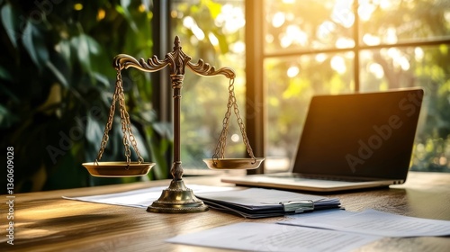 brass scales and laptop on wooden desk by window, symbolising justice and legal work environment