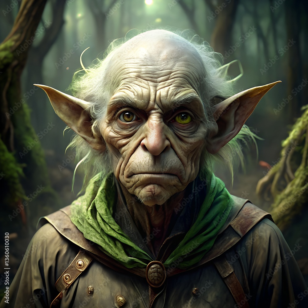 Fantasy Old Elf Portrait in Mysterious Forest Realistic Digital Art, Goblin. Fantasy Old Elf Portrait in Mysterious Forest Realistic Digital Art, Goblin.