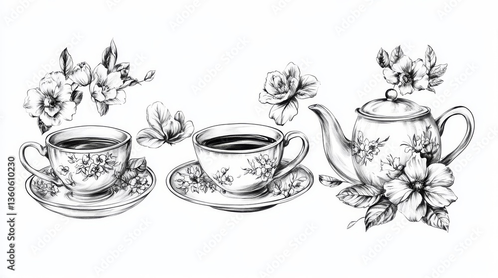 custom made wallpaper toronto digitalfloral tea set sketch featuring teapot, cups and saucers with floral decoration and loose blossoms