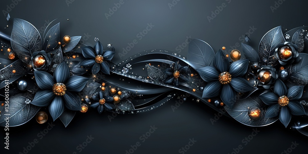 Naklejka premium Abstract floral design with dark leaves and golden accents on a sleek black background