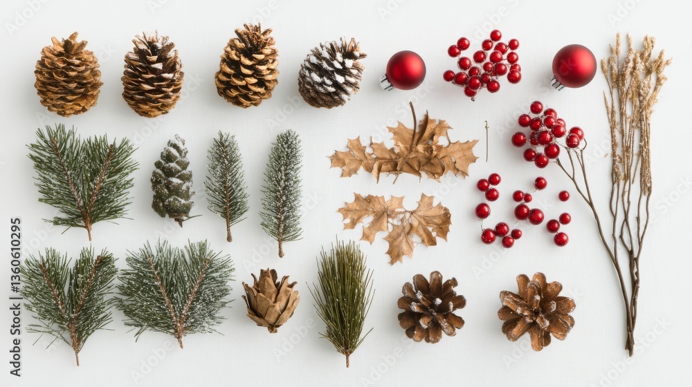 festive winter botanical arrangement with pinecones, ornaments and foliage on white background festive winter botanical arrangement with pinecones, ornaments and foliage on white background