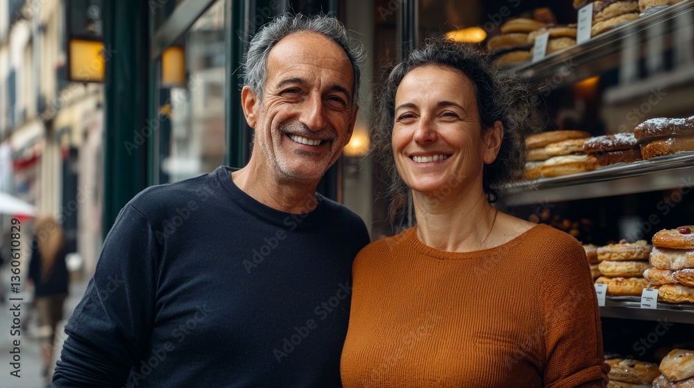 Couple posing outside bakery. Couple posing outside bakery.