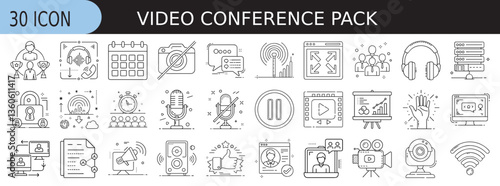Video Conferencing and Communication Icon Set - A set of 30 outline icons representing video conferencing, online meetings, virtual communication, streaming, and remote work tools for digital use.  
