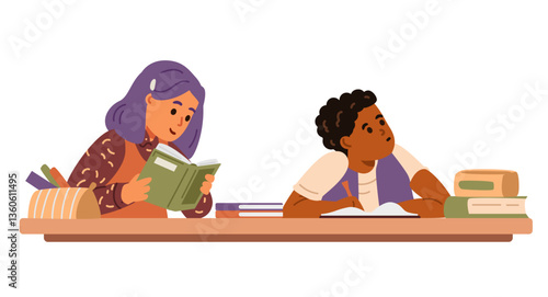 Two classmates a boy and a girl of different ethnicity sitting at desk in classroom studying flat vector illustration isolated on white. 