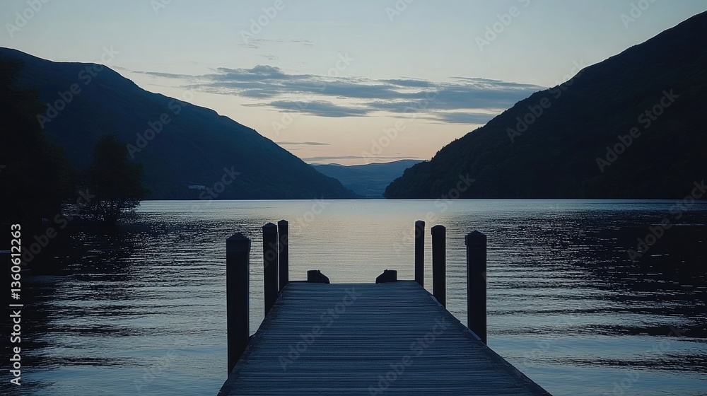 Obraz premium Serene Twilight: A Wooden Dock Extending to a Tranquil Lake Surrounded by Majestic Mountains