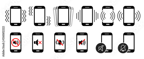 phone vibration and no sound icon set. no sound icons reflecting vibration and silent mode. eps warning sign for office, hospital, industry, school, college etc place. vector smartphone sign set. 