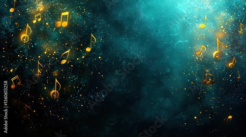 Golden musical notes falling, teal background, concert banner