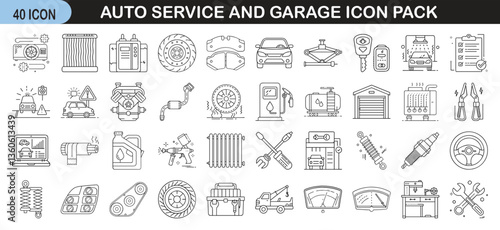 Auto Service and Garage Icon Pack with 48 Icons - A collection of 48 auto service and garage-related icons, including tools, vehicles, and repairs. Perfect for mechanics, car maintenance