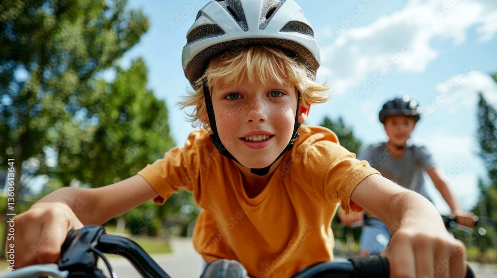 Naklejka premium A boy riding a bicycle wearing a helmet.