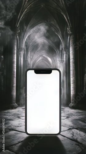 A smartphone with a blank screen set against the backdrop of an eerie, gothic cathedral hallway.