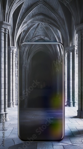 Smartphone reflecting an ornate gothic arched hallway, blending tech with historic architecture and design