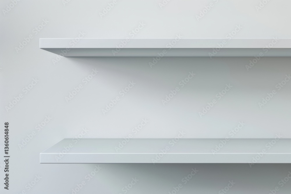 Minimalist white shelves against a plain wall Minimalist white shelves against a plain wall