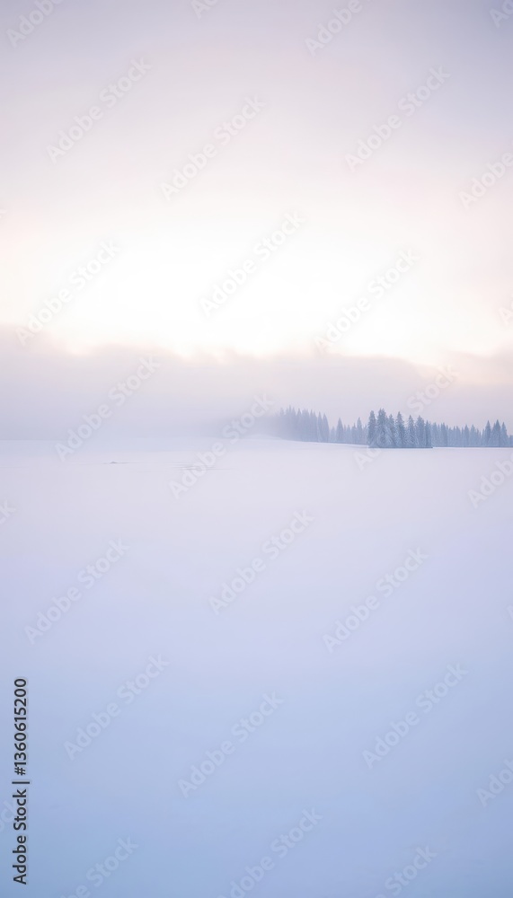 Fototapeta premium Untouched snow blankets a serene winter landscape, distant trees silhouetted against a pale sky, cold, background, landscape
