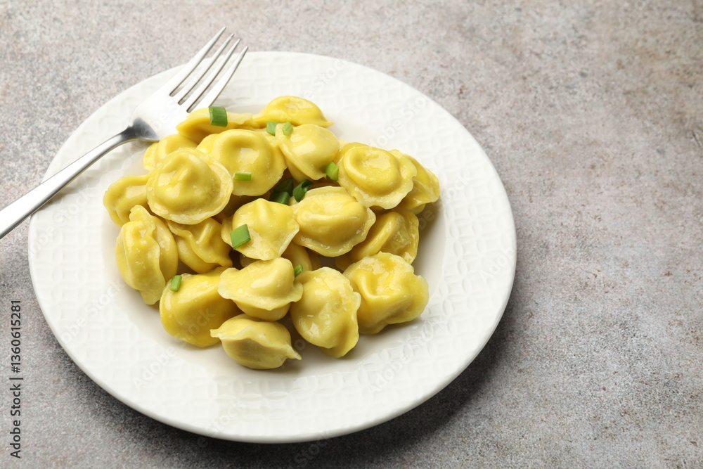 Tasty dumplings with green onion and fork on grey textured table. Space for text Tasty dumplings with green onion and fork on grey textured table. Space for text