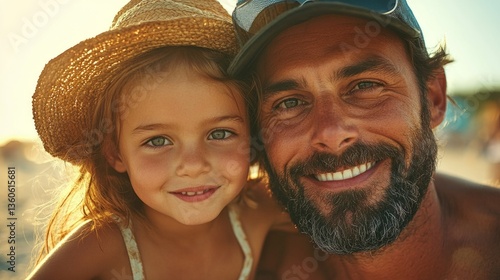A man and a young girl enjoying a sunny day at the beach with a smiling family moment captured.